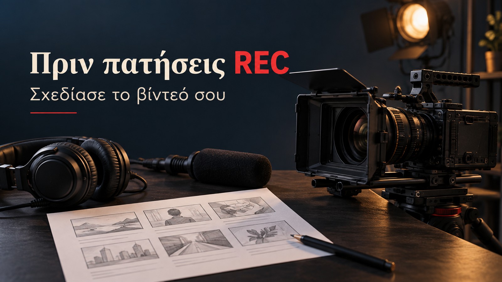 camera microphone headphones and storyboard for planning a business video