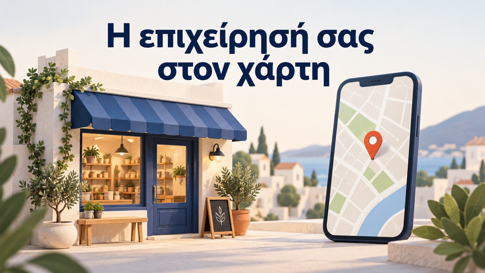 conceptual illustration of a local shop and a smartphone map with a location pin